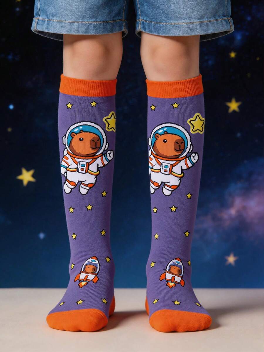 1 Pair Boys Blue Knee-High Socks, Cartoon Astronaut Capybara Star ...