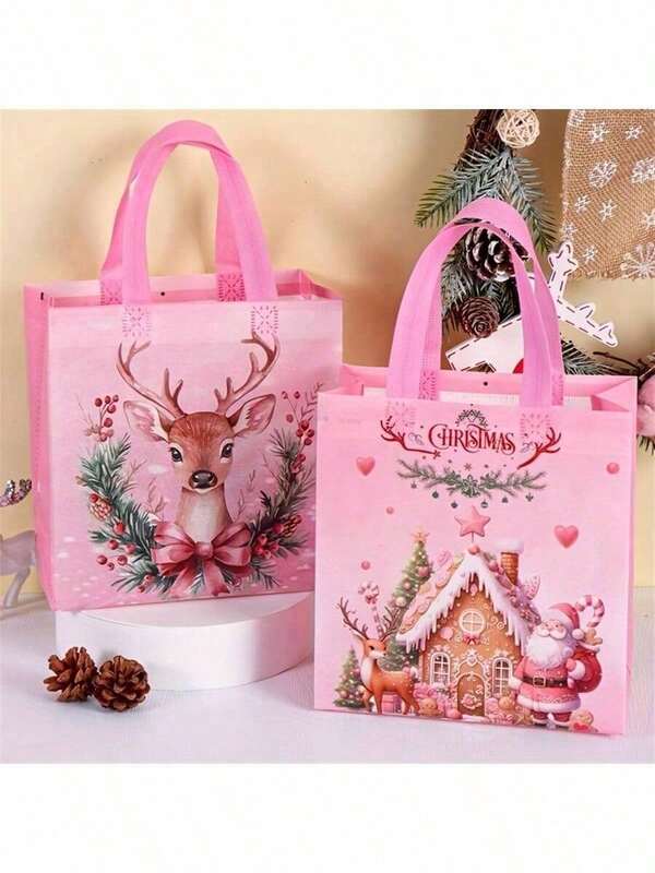 8pcs Pink Christmas Tote Shopping Bags With Handles, Santa Claus Reindeer Bell Pattern, Reusable Gift Bags, Non-Woven Fabric Shopping Bags, Party Favor Bags, Holiday Christmas Home Decor, 2025 Christmas Gifts 2026 New Year Packaging Bags (1/4/8pcs)