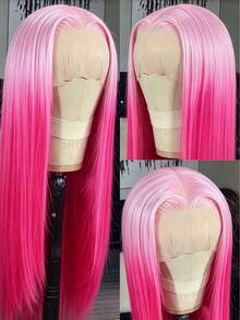 websterwigs Women's Wavy Gradient Pink Synthetic Fiber Lace Front Wig, Middle Part, Pre-Plucked Hairline, Light Pink Straight Hair With Colorful Highlights - Multicolor - View 2