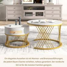 2-In-1 Round Coffee Table Made Of MDF, Side Table With Marble Tabletop And Plastic Rattan Drawers, Solid Wood Handles. Gold Iron Legs. 70 X 70 X 45.5 + 50 X 50 X 38.5 Cm - 白色 - 查看 6