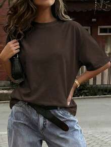 Vaiaye Women's Loose Round Neck Casual T-Shirt, Solid Color Minimalist Slim Fit Short Sleeve T-Shirt Brown - Brown - View 7
