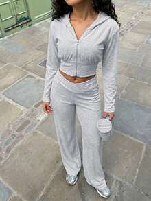 GLAMSKIN Women's Autumn Mixed Gray 2 Pieces Set, Zipper Hooded Ruched Top + High Waist Wide Leg Pants, Sporty Casual Loungewear Set - Light Gray - View 2