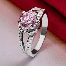 925 Sterling Silver Plated Round Pink AAA Zirconia Ring For Man Women Fashion Wedding Engagement Party Gift Charm Jewelry - Silver - View 3