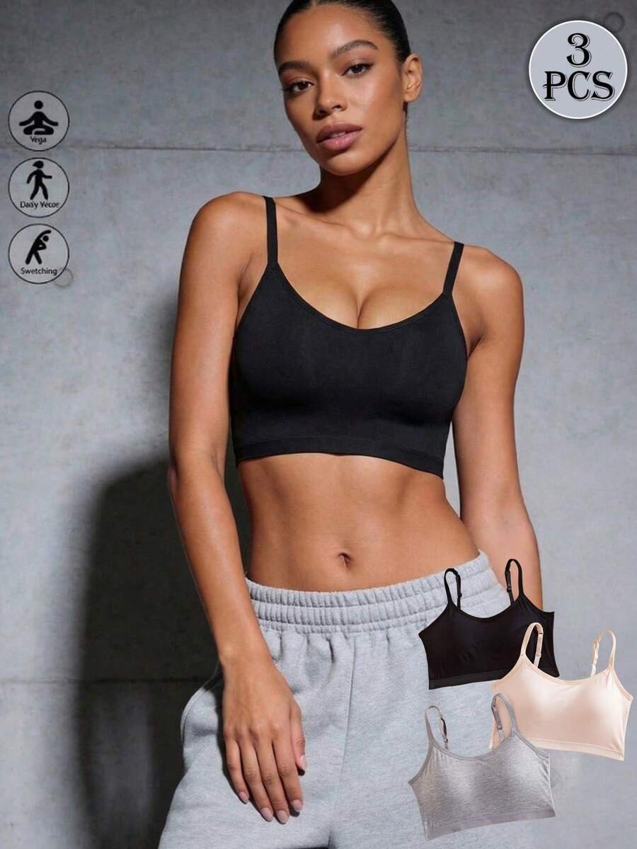 Runway Rest 3pcs/Set Women's Solid Color Adjustable Strap Comfortable Wireless Padded Camisole Bra Tops, Suitable For Sports, Sleep - Multicolor - View 1