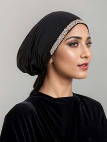 1pc Women's Solid Color Rhinestone Embellished Tie-Up Hat, Elastic Drawstring Headscarf With Inner Lining - B-hot Rhinestone Black - View 6