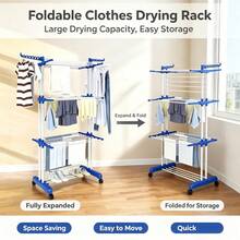 Movable Rolling Clothing Drying Rack, Adjustable Multi-Tier Laundry Air Dryer Rack, Space Saving Foldable Garment Stand For Towels, Socks, Pants, Shirts - Blue and White - View 1