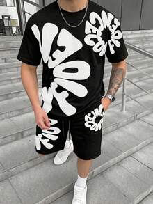 FRACTYR 男士街頭風休閒套裝，男士麻灰色大字母印花短袖T恤 + 抽繩短褲，舒適透氣，適合夏季穿著 - 黑色 - 查看 4