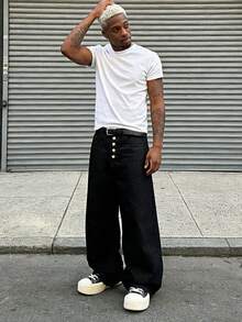 Men's Fashionable Retro Button Placket Loose Wide Leg Denim Jeans, Versatile Street Style Casual Long Pants - Black - View 4