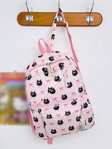 1 pieza Mochila de nailon de gran capacidad para estudiantes, mochila de gato con lazo para estudiantes universitarios, mochila de nailon, mochila de viaje - Rosa - Ver 3