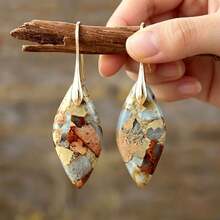 2件組金色鉤耳環，復古大地色斑駁紋理，小眾藝術風女性度假通勤飾品 - 駝色 - 查看 3