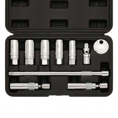 10PCS 3/8" Drive Magnetic Spark Plug Socket Set, 6-Point & 12-Point Sockets With Extension Bar, Heavy-Duty CR-V Steel, Professional Hand Tool For Automotive Spark Plug Removal & Replacement