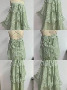 Damen Spitze asymmetrisches elegantes langes Party Rüschen Maxi Kleid, ärmellos Mode, Abschlussball, Abschlussfeier, Urlaubsoutfit Hochzeit Herbst - Minzgrün - Übersicht 9