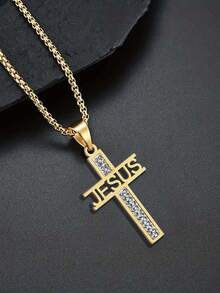 1件裝 JESUS 水鑽十字架男士不鏽鋼項鍊，18K鍍金，防水防褪色，海灘度假假期信仰飾品 - 十字項鍊 - 查看 2
