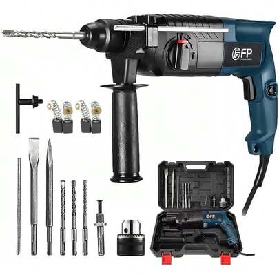 Martillo perforador SDS de 1200 W con juego de 13 cinceles incluidos, ideal para perforar madera, metal y hormigón, y para trabajos de demolición, en color azul.