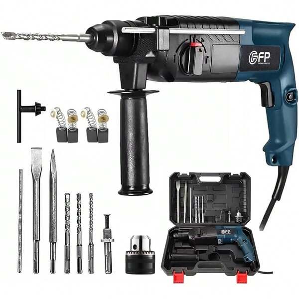 Martillo perforador SDS de 1200 W con juego de 13 cinceles incluidos, ideal para perforar madera, metal y hormigón, y para trabajos de demolición, en color azul.