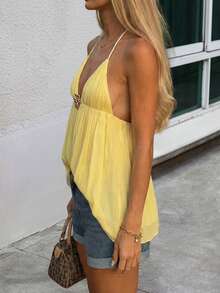 春夏黃色A字領細肩帶上衣，附金屬扣環，休閒海灘度假下午茶寬鬆版型 - 黃色 - 查看 4