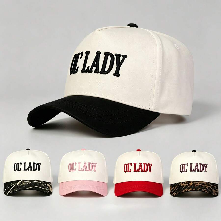 1件女款雙色「OL' LADY」刺繡字母帽，男款可調節帽子，防紫外線遮陽帽，適合休閒穿著、派對、旅行與度假禮物，送給媽媽和愛人的最佳禮物