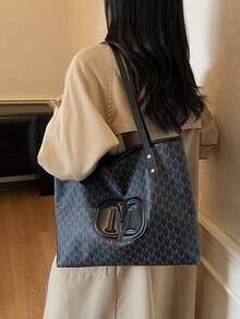Bolso Tote de Mujer Estilo Europeo y Americano para el Trabajo, Bolso de Hombro de Moda, Bolso de Mano de Gran Capacidad con Estampado Vintage Minimalista - Negro - Ver 2