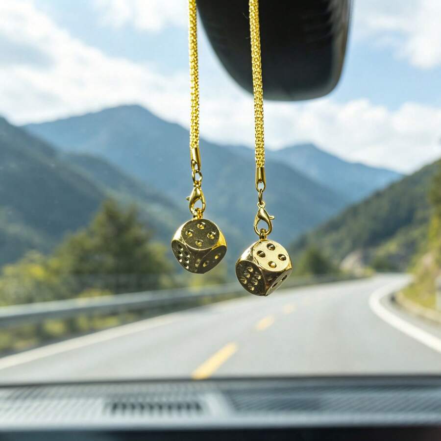 合金實心網格鏈條骰子車用後視鏡掛飾，車內懸掛裝飾，趣味車內配件