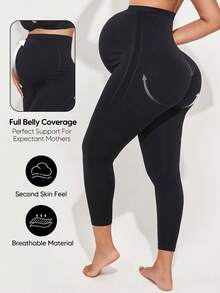 Leggings de maternidad de unicolor con alta elasticidad y soporte abdominal en negro - Negro - Ver 3