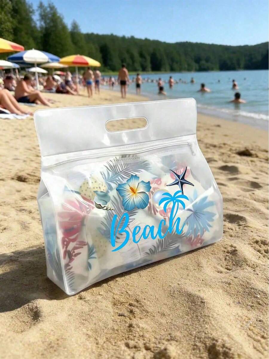 透明防水游泳袋 大容量海灘化妝包,印有「Beach」字樣、棕櫚樹、海星、花朵圖案,便攜式網格盥洗包,多功能手拿包,適合泳池、海灘、度假、教師節 - 彩色 - 查看 1