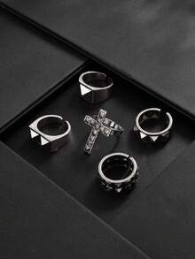 5pcs Personalized Punk Rivet Cross Rings, Men's Street Hip-Hop Geometric Metal Accessories, Suitable For Daily Wear, Parties, Music Festivals, Holiday Gift For Family And Friends - Antique Silver - View 4