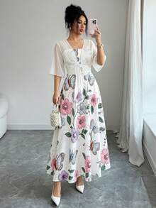 Women's Fashion Elegant Pearl 3D Floral Print Dress Chiffon Jacket Elegant 2-Piece Set Beach Vacation 2-Piece Set Summer - Multicolor - View 3