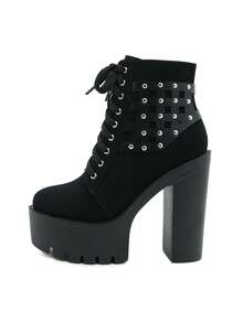 Gdgydh Women Ankle Boots Platform Lace Up Punk Heeled Motorcycle Boots Sexy Fashion Rivets Black Ankle Boots For Woman Spring Autumn Cosplay Shoes - Black - View 8