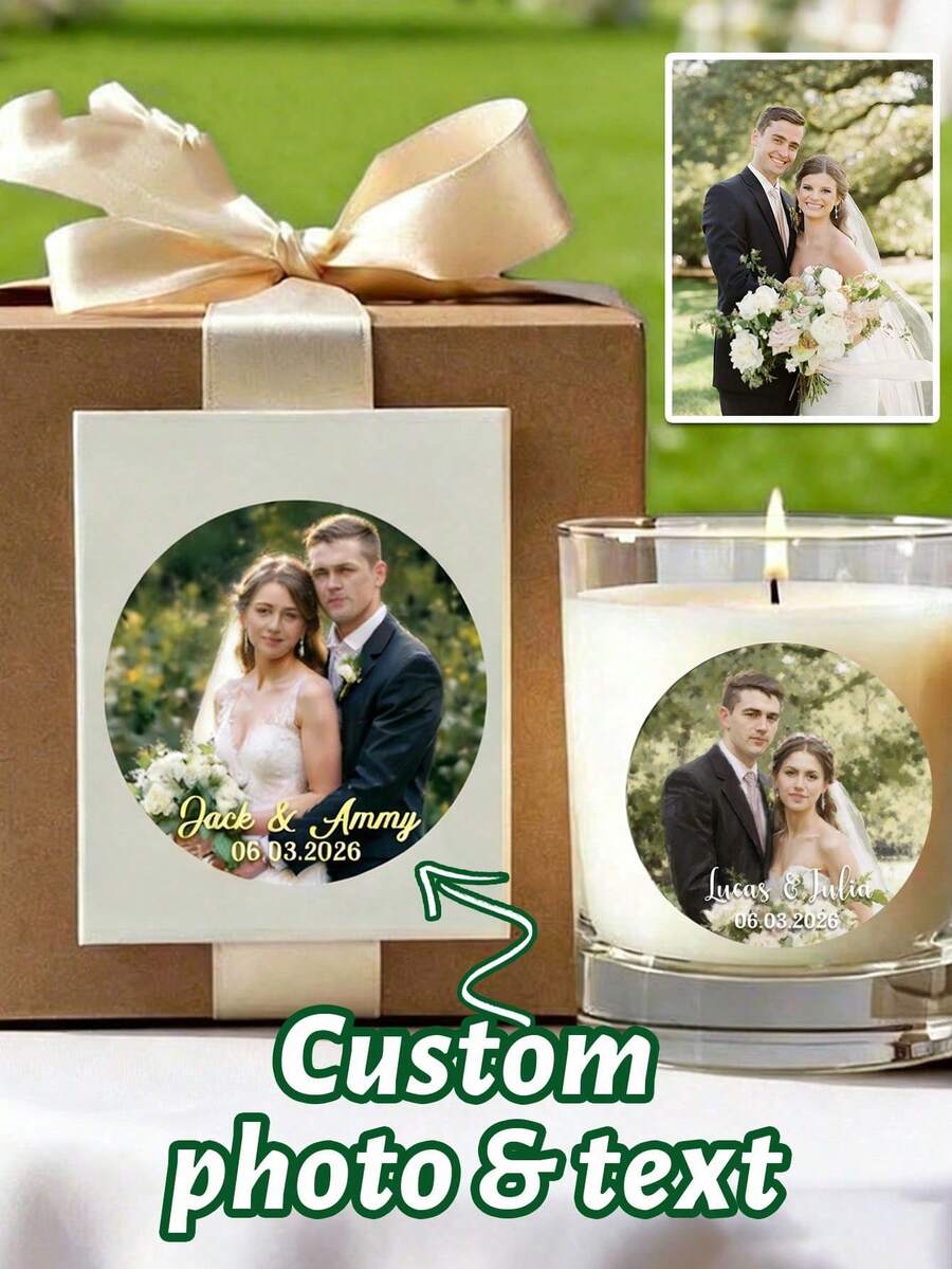 Custom Photo Round Stickers, Personalized Name Date Design,Elegant Wedding Style Gift Decor For Bridal Shower Anniversary Party, Customized Text Couple Sticker Labels For Favor Packaging, Customizable Picture Romantic Keepsake Gift For Guests Friends - Style a - View 1