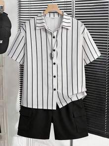 2pcs/Set Conjunto de Camisa a Rayas Casual de Moda y Pantalones Cortos Cargo Minimalistas para Adolescentes, Adecuado para el Verano - Blanco - View 1