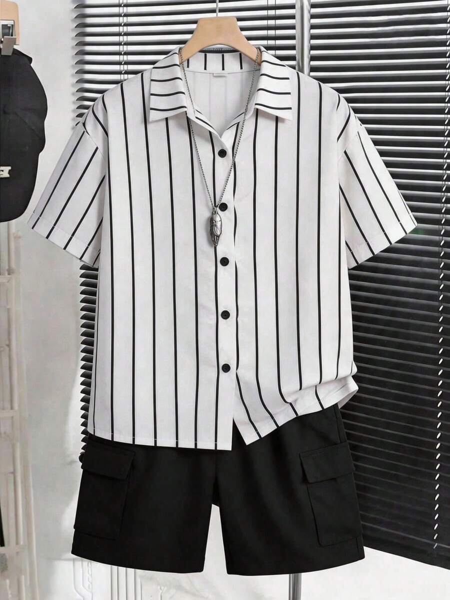 2pcs/Set Conjunto de Camisa a Rayas Casual de Moda y Pantalones Cortos Cargo Minimalistas para Adolescentes, Adecuado para el Verano - Blanco - View 1