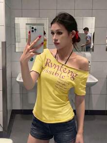 美式辣妹風藍色薄款短袖女款夏季修身露肩不對稱上衣 黃色 - 黃色 - 查看 2