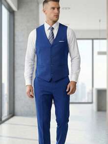 Conjunto de traje de 2 piezas azul real para hombre - chaleco y pantalones, unicolor elegante de corte slim, casual, de negocios, de boda, de fiesta, tallas XS-3XL - azul real - Ver 3