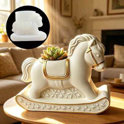 SUPWANPENG Cute Wooden Horse Shaped Planter Pen Holder Pen Rack Plaster Board Silicone Mold, DIY Rocking Horse Wooden Horse Steed Shaped Silicone Mold, Suitable For Resin, Plaster, Clay, Concrete, Cement Crafts, Silicone Molds And Various Holiday Gifts, Home Decor