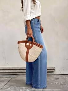 Button Detail Straight Leg Jeans, Mid-Stretch Long Casual Style Suitable For Multiple Occasions - Light Wash - View 3