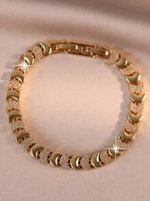 1pc Luxury Gold Plated Crescent Moon Pave Cubic Zirconia Chain Bracelet For Women, Suitable For All Seasons, Wedding, Anniversary Gift And Daily Wear - Gold - View 7