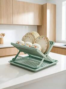Égouttoir à vaisselle pliable, disponible en plusieurs couleurs, conception de rangement à plusieurs niveaux avec plateau d'égouttage pour éviter l'accumulation d'eau sur les comptoirs, facile à ranger, construction en plastique minimaliste idéale pour le rangement de la cuisine - Voir 5