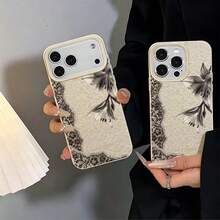 1pc TPU Material Elegant Vintage Black & White Lace Floral Ink Lily Pattern Phone Case Compatible With IPhone 17 Pro Max/17/16 Pro Max/15/13/12/11/ S20 FE/A15/S24/A55/ Note 11/Note 12/Note 13 Pro Full Coverage Anti-Drop Soft Shell Protective Cover - White - View 5