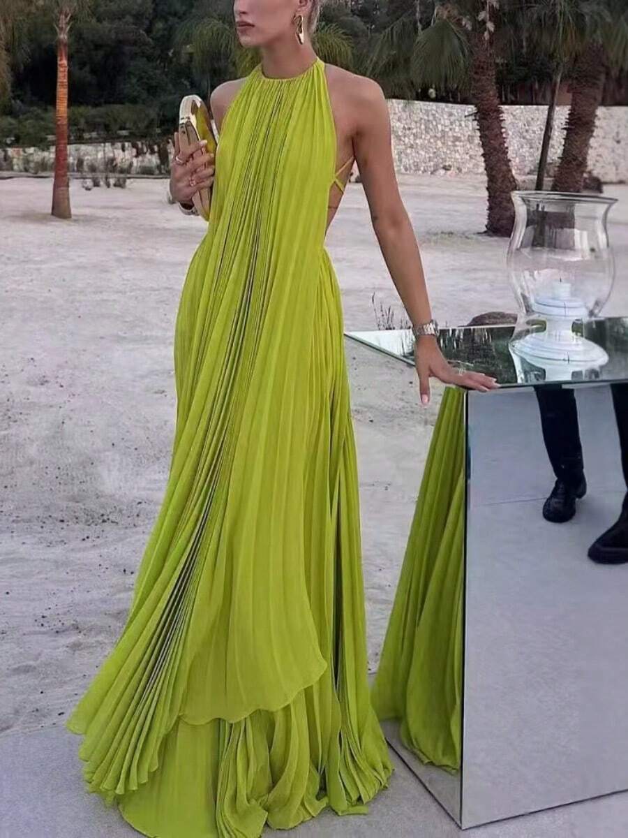 Women Halter Backless Pleated Maxi Gown, Sleeveless Deep Open Back ...