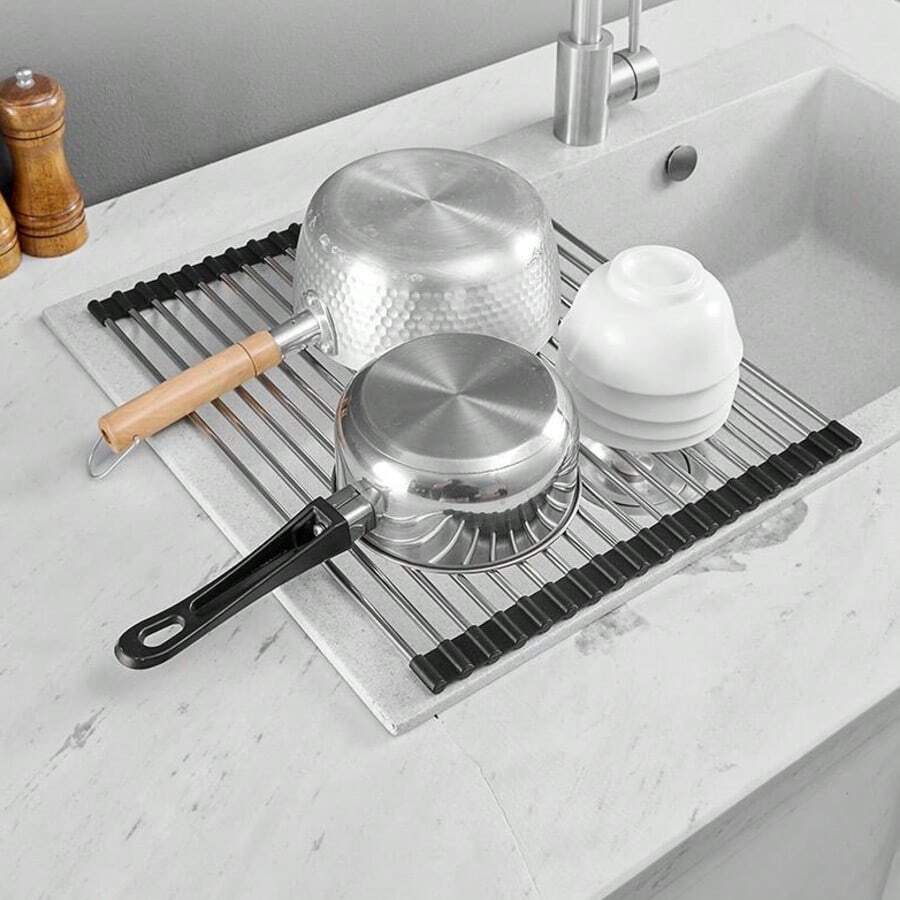 1pc Luxury Roll-Up Stainless Steel Dish Drying Rack - Space-Saving, Multi-Functional, Over-The-Sink Design, Portable, Rollable, Rust-Proof, Easy To Clean, Kitchen Sink Storage Rack, Tools And Mats - Perfect For Small Kitchens, Space-Saving Solution, Stylish Kitchenware, Compact Storage Rack, High-Quality Metal, Rust-Proof Material, Multi-Functional Tool, Home Cooks, Space-Conscious Users. Easter Gift, Mother's Day Gift