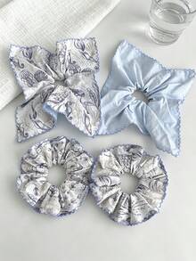 1pc Blue Ocean Print Square Scarf Scrunchie, Gentle & Sweet Versatile Hair Tie For Women - Multicolor - View 1