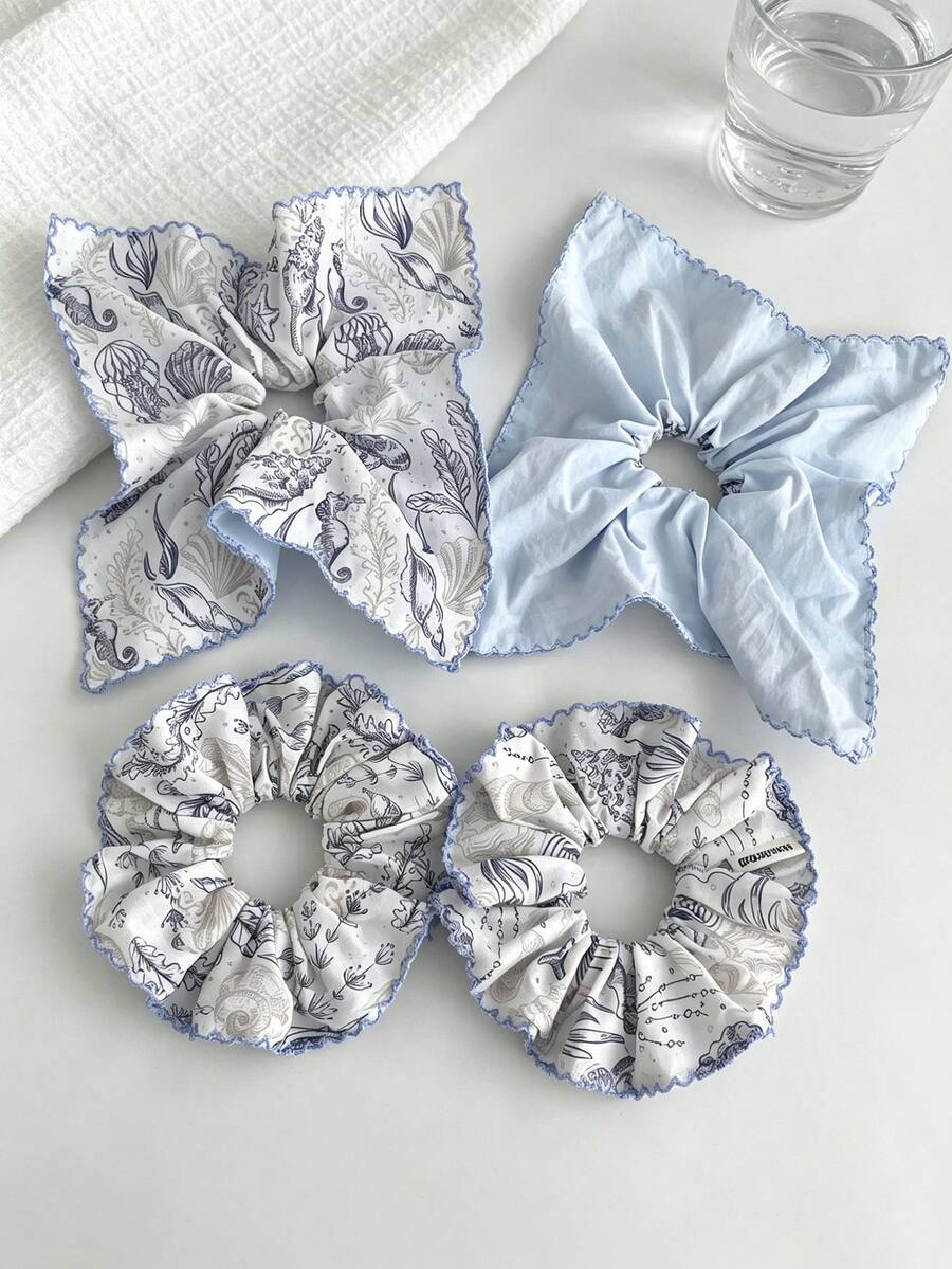 1pc Blue Ocean Print Square Scarf Scrunchie, Gentle & Sweet Versatile Hair Tie For Women - Multicolor - View 1