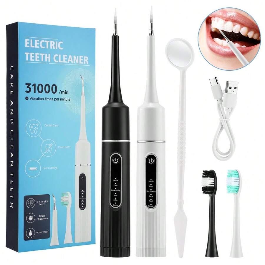 Hailicare Electric Tooth Cleaner, 6 Adjustable Vibration Modes, IPX6 Waterproof Fully Washable, Type-C Charging 500mAh Built-In Battery, 10-Minute Auto Shut-Off Timer, Portable Travel Oral Care Tool