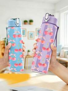1pc/5pcs 750ml Double Cherry Pink Bow Print Sports Water Bottle, Flip Lid Design, Reusable Lightweight Leak-Proof Portable Travel Drinking Cup, Suitable For Outdoor Sports And Daily Use - Multi-colored Cherry Bow - View 5