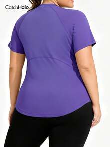 Plus Size Women Purple Raglan Sleeve Short Fitness Top Summer Sports - Violet Purple - View 2
