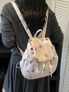 新款女款背包，流行時尚熊卡通印花手提包，多功能大容量學生包 - 米白色 - 查看 6