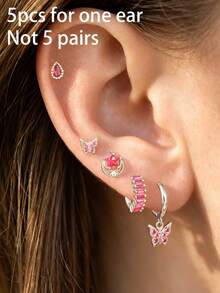 5PCS Luxury Rose Red Butterfly Zirconia Dangle Earrings Sets For Women Stainless Steel Star Moon Fashion Aesthetic Jewelry - 5PCS-silver - View 2