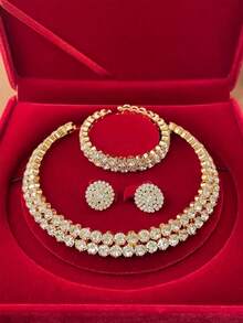 3pcs/Set Fashion Sexy Full Rhinestone Multi-Layer Multi-Row Choker Necklace, Earrings, Bracelet Bridal Necklace Short Necklace Christmas Gift - Multicolor - View 1