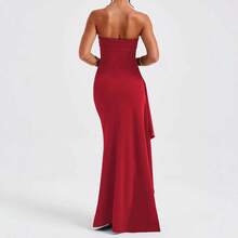 Vestido largo sexy sin tirantes para mujer, de verano, elegante, ajustado, con abertura alta, de color sólido y plisado. - Burdeos - Ver 5