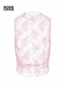 ROSIE POPHUB 女款粉色透視刺繡蕾絲細肩帶背心，性感修身網紗無袖寬鬆上衣，適合約會、日常與辦公穿著，夏秋兩季適用 - 粉色 - 查看 7